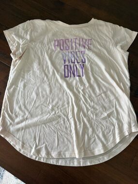 Cream Short Sleeve Tee with Purple "Positive Vibes Only" Graphic